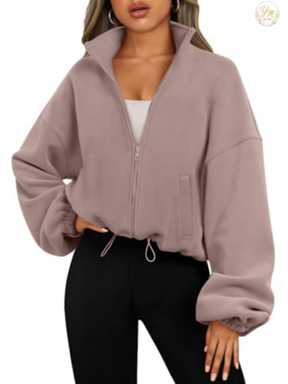Women's Fleece Jacket Zip Up Oversized Cropped Sweatshirt Y2K